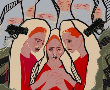 Ilustración de mujeres amenazadas por hombres armados, Darfur. El 68% de los agresores identificados en Darfur Sur eran hombres armados no civiles, en su mayoría combatientes de las FAR. (Médicos Sin Fronteras)