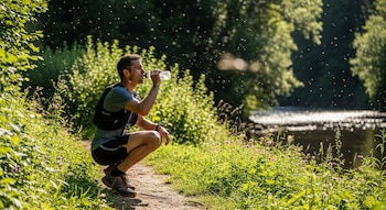 Hombre agachado bebiendo de una botella en un sendero de tierra junto a vegetación frondosa y un cuerpo de agua. Numerosos insectos voladores pequeños rodean al hombre.