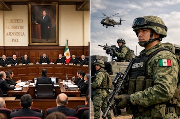 Imagen dividida: a la izquierda, el pleno de la SCJN en sesión; a la derecha, soldados del Ejército Mexicano con equipo militar, un vehículo y un helicóptero.