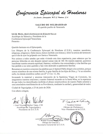 La Conferencia Episcopal de Honduras envió un mensaje de apoyo al pueblo venezolano.(FOTO: Suyapa Medios)