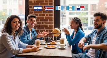 Cuatro jóvenes conversan en una cafetería, dos mujeres y dos hombres. En la mesa hay cafés y pasteles. Banderas de El Salvador, Costa Rica, Guatemala, Panamá.