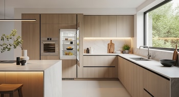 Cocina moderna con gabinetes de madera clara, encimeras blancas, un refrigerador integrado abierto con comida, un horno, fregadero doble y una gran ventana con vista a árboles.