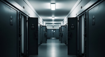 Pasillo de cárcel vacío con puertas de celdas abiertas a ambos lados, luces fluorescentes en el techo y emblemas del Ministerio de Justicia en las puertas.