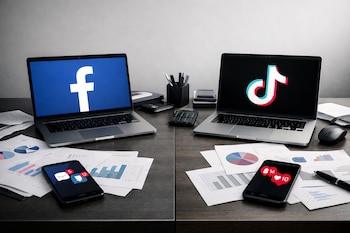 Dos laptops enfrentadas con logos de Facebook y TikTok en pantalla, rodeadas de documentos con gráficos y teléfonos móviles con notificaciones en un escritorio.