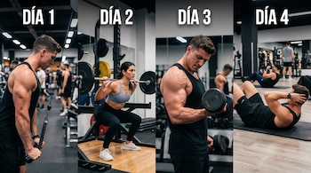 Cuatro paneles verticales muestran a personas ejercitándose en un gimnasio: un hombre en tríceps, una mujer en sentadilla, un hombre en bíceps y otro en abdominales.