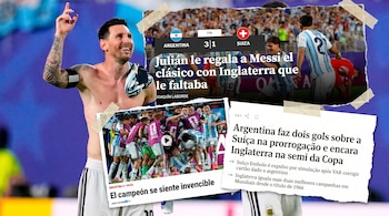 Collage con Lionel Messi celebrando, un marcador de Argentina 3-1 Suiza, jugadores argentinos celebrando y tres recortes de prensa sobre fútbol.