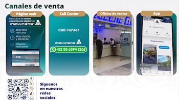 Infografía titulada Canales de venta con cuatro secciones que muestran una página web, un número telefónico, una oficina y una aplicación