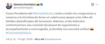 El presidente del Senado, Honorio Henríquez, solicitó a los congresistas donar un día de salario para ayudar a las personas afectadas por el terremoto - crédito @honohenriquez/X