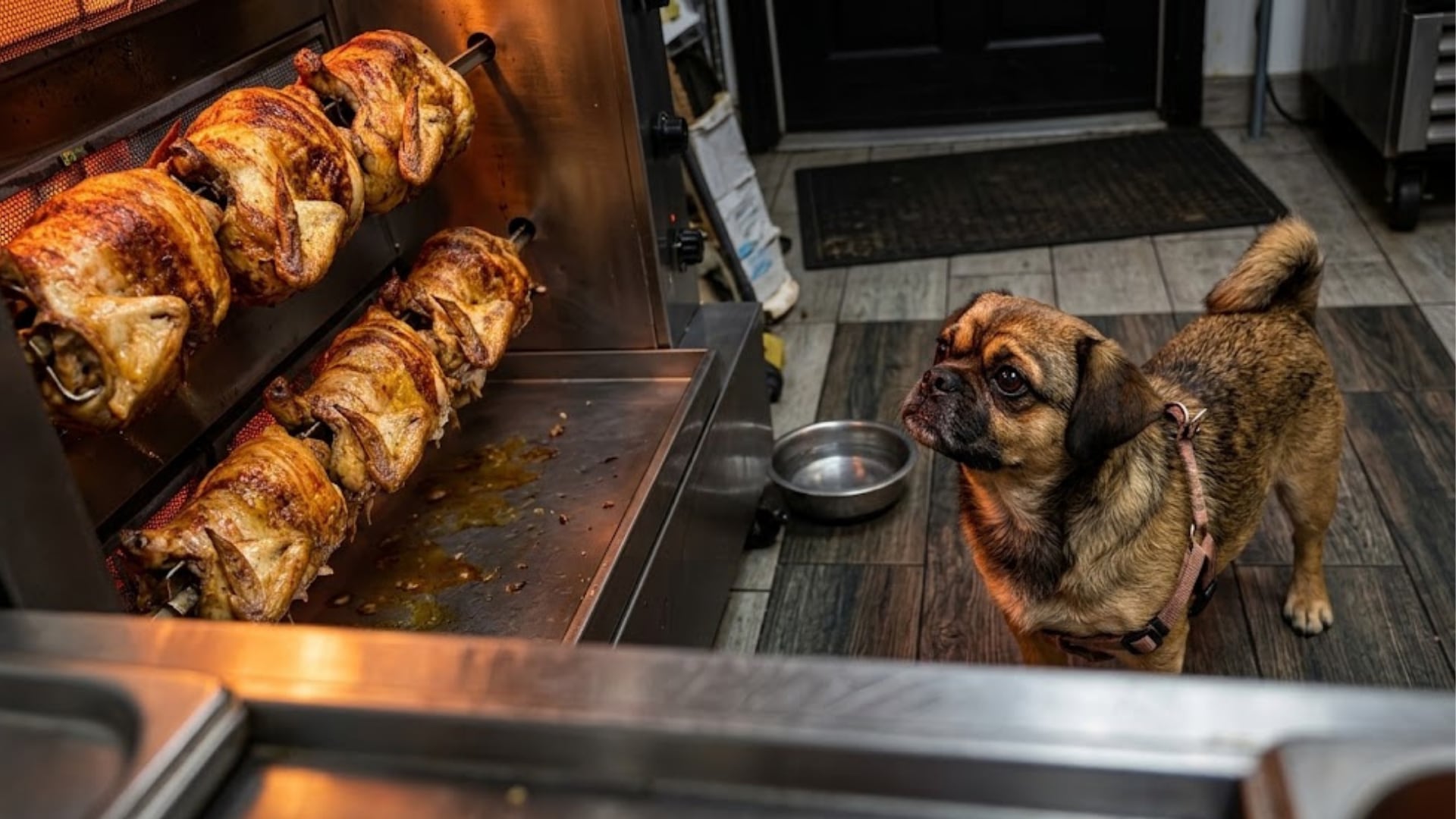 El perro Pancho observa un asador de pollos dentro de un restaurante donde consumió tres piezas tras alejarse de su dueño en una plaza. (Imagen Ilustrativa Infobae)