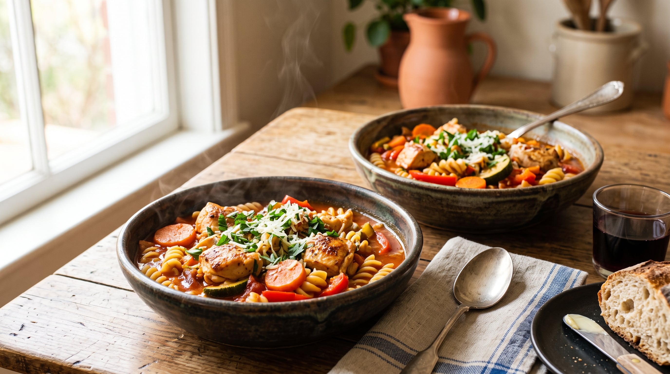 La receta de pollo a la cacerola con fideos y verduras se prepara en una sola olla y queda lista en 40 minutos (Imagen Ilustrativa Infobae)