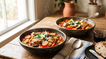 Tazones con guiso de pollo, pasta y verduras en una mesa de madera junto a un trozo de pan, una copa de vino y cubiertos.
