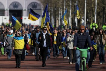 Ukraine supporters march during a