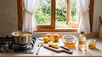 Una olla sobre una cocina de gas con cítricos hirviendo, junto a limones, un colador y un pulverizador en la encimera.