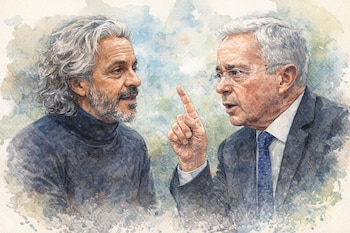 Ilustración acuarela de Juan Daniel Oviedo, con cabello gris y barba, mirando a Álvaro Uribe, quien lleva traje y corbata, gesticulando con el dedo.