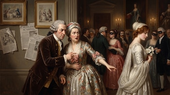 Hombre y mujer en atuendo del siglo XVIII, una mujer de vestido blanco, y varias figuras enmascaradas. Periódicos con titular "Chudleigh Scandal".