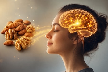 Perfil de una mujer con una ilustración luminosa de un cerebro, junto a un conjunto de almendras y nueces conectadas por haces dorados.