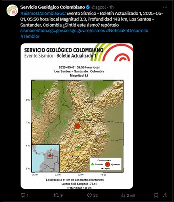 Boletín Actualizado del 1 de mayo de 2025, 05:56 hora local Magnitud 3.3, Profundidad 148 km, Los Santos - Santander, Colombia - crédito Servicio Geológico Colombiano