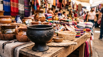 Un sahumador de barro negro sobre una mesa de madera, rodeado de vasijas, cestos y tejidos de colores en el puesto de un mercado.