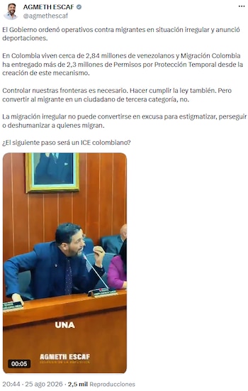 Senador Agmeth Escaf critica la política migratoria y cuestiona posible “ICE colombiano” - crédito @agmethescaf/X