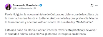 La congresista del Pacto Histórico cuestionó llegada de Paola Holguín al Ministerio de Cultura - crédito @EsmeHernandezSI/X