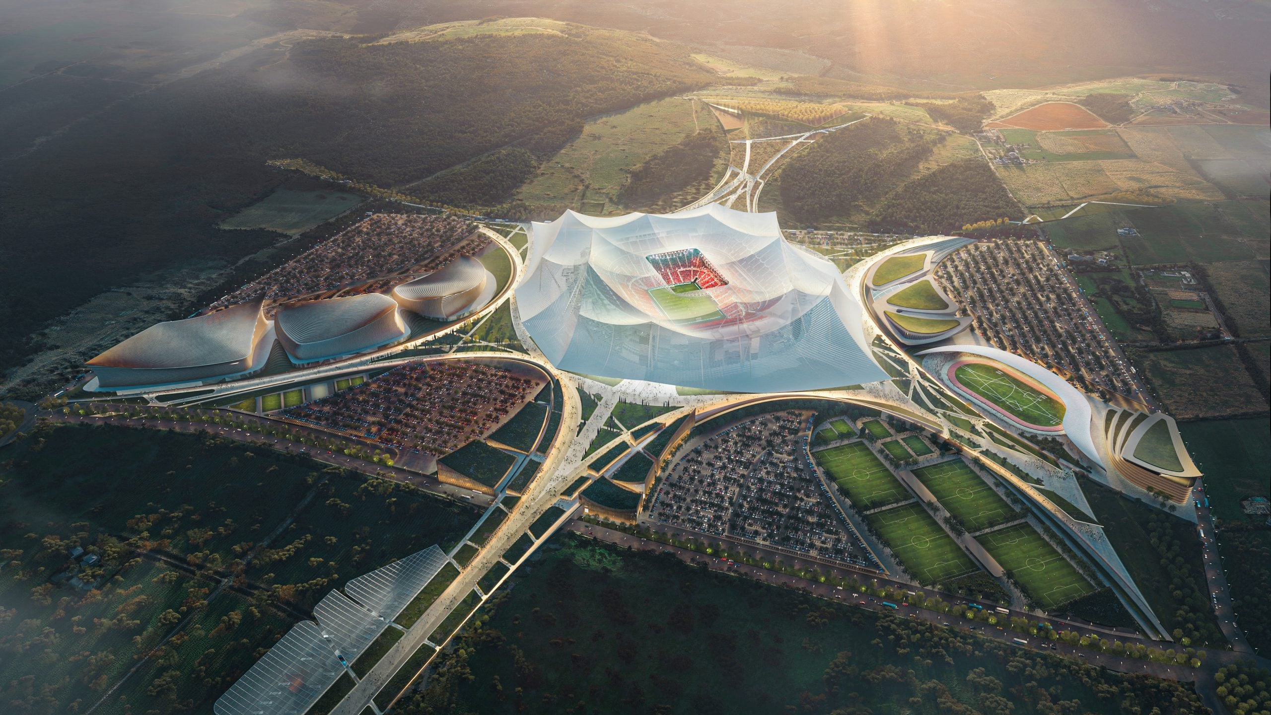Vista aérea del Gran Estadio Hassan II, sede principal de Marruecos en el Mundial 2030. (Populous)