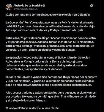 El presidente Abelardo de la Espriella afirmó en redes sociales que el Estado combatirá a las redes que ejercen presiones sobre comerciantes y transportadores - crédito @ABDELAESPRIELLA / X