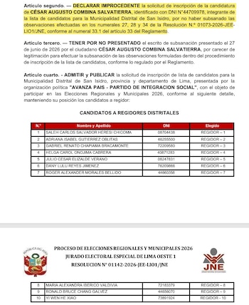 Documento oficial con texto resaltado en amarillo y un cuadro impreso que contiene una lista con nombres y números de identificación