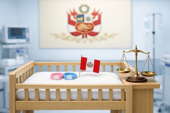 Cuna de madera clara en hospital con pulseras de bebé, bandera de Perú y balanza de justicia. Al fondo, el escudo del Tribunal Constitucional peruano desenfocado.