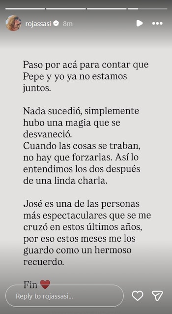 Sabrina Rojas anunció el final de la relación desde sus historias (Instagram)