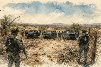 Ilustración en acuarela de soldados armados con chalecos frente a camionetas oscuras y casquillos en un terreno árido.