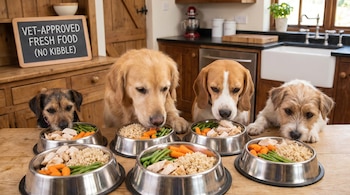 Cuatro perros de razas variadas delante de tazones de acero con pollo, arroz, judías verdes y zanahorias. Al fondo, un letrero que dice 'VET-APPROVED FRESH FOOD (NO KIBBLE)'.