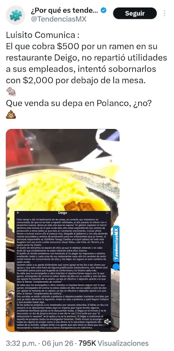 Captura de pantalla de un tuit de la cuenta ¿Por qué es tendencia? que presenta un texto blanco sobre fondo oscuro detallando una controversia