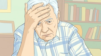 Ilustración de un hombre mayor caucásico, con cabello blanco y camisa a cuadros, que apoya una mano en la frente con gesto de preocupación.