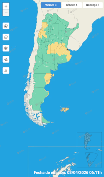 Mapa meteorológico de Argentina con zonas en verde y amarillo indicando alertas. Iconos de lluvia y temporal visibles, junto a las fechas y el logo SMN