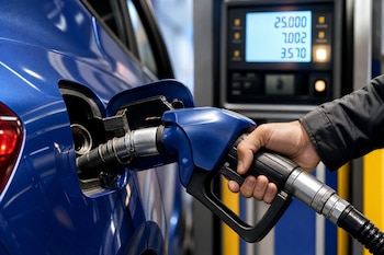 Mano que sostiene la pistola de un surtidor introducida en el tanque de un automóvil azul junto a un panel digital con números.