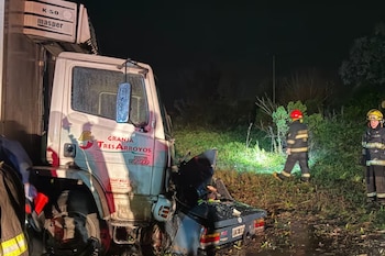 Un camión blanco con logo de Granja Tres Arroyos y carrocería Masper está dañado en su frente tras colisionar con un automóvil azul en la oscuridad, con dos bomberos presentes