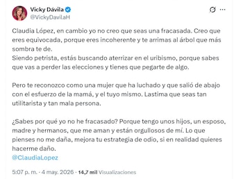 Vicky Dávila defendió su trayectoria y cuestionó la coherencia política de Claudia López - crédito @VickyDavilaH/X