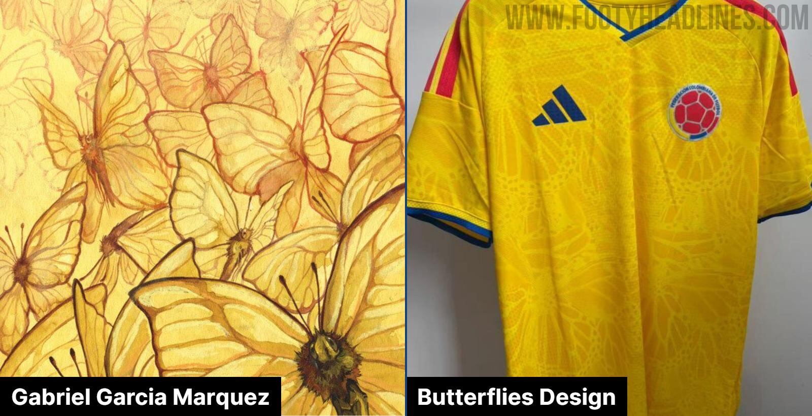 Esta es la trama con mariposas amarillas escogida para la camiseta de la selección Colombia - crédito FootyHeadliners