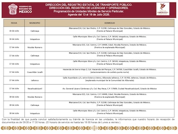 Las unidades móviles que darán atención esta semana brindarán atención de 9:00 a 17:30 horas (Secretaría de Movilidad del EDOMEX)