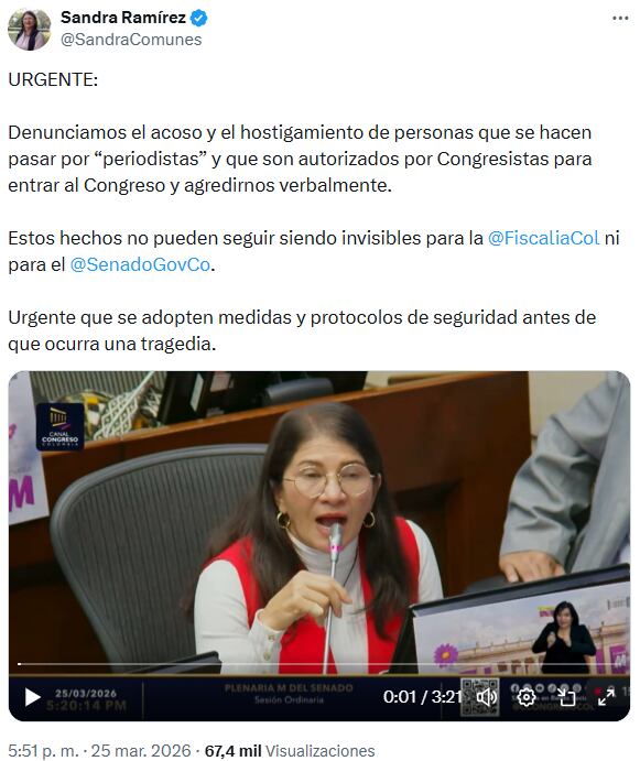 Sandra Ramírez denunció acoso y violencia de género contra congresistas en el recinto parlamentario - crédito @SandraComunes/X