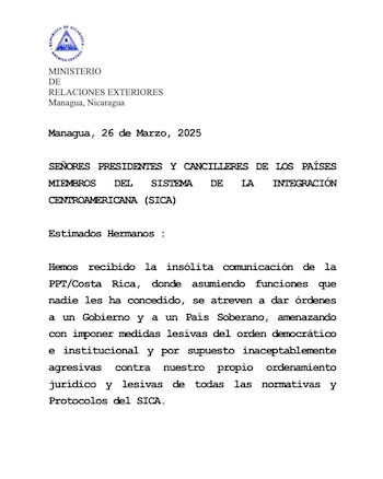 Carta Nicaragua a Costa Rica (Cancilleria Nicaragua)