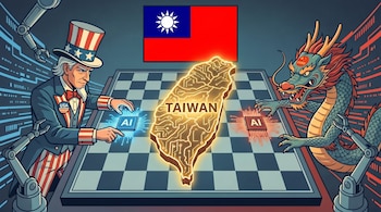 Tío Sam y un dragón chino juegan ajedrez sobre un mapa brillante de Taiwán. Ambos colocan chips de IA. La bandera de Taiwán está arriba.