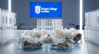 Gradillas con tubos de ensayo y placas de Petri con muestras de lana y fragmentos óseos simulados en un laboratorio. Monitor con el logo de King's College London.