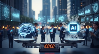 Balanza digital con un cerebro humano translúcido y circuitos de IA brillantes, sobre un fondo de ciudad con personas interactuando con pantallas digitales y gráficos.