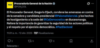 La Procuraduría General de la Nación rechazó intimidaciones contra Paloma Valencia - crédito X