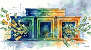 Ilustración en acuarela de un edificio clásico del que salen volando billetes de dólar, con líneas de circuito y efectos digitales a su alrededor.