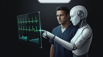 Un hombre con uniforme azul y un robot blanco observan una pantalla con ondas verdes y gráficas luminosas frente a un fondo negro.