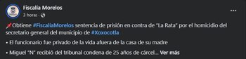 Dan más de 20 años de prisión a "La Rata" por el asesinato del secretario municipal de Xoxocotla, Morelos