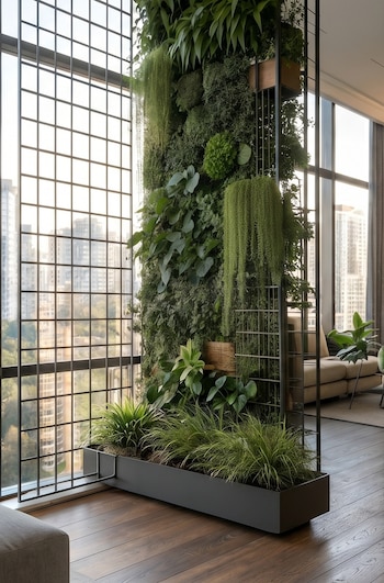 Jardín vertical de plantas verdes variadas en interior moderno con suelo de madera. Grandes ventanales muestran edificios de ciudad al fondo y luz solar.