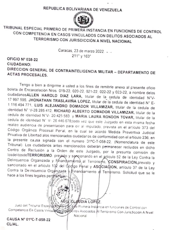 Documento oficial judicial de Venezuela en papel blanco con texto negro, sellos y firmas, fechado en Caracas el 23 de marzo de 2022